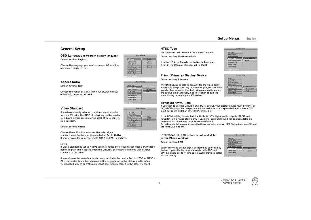 ENG Electric UNIDISK SC PLAYER General Setup, Aspect Ratio, Video Standard, Ntsc Type, Prim. Primary Display Device 