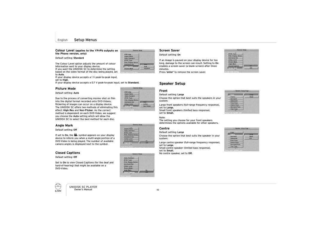 ENG Electric UNIDISK SC PLAYER owner manual English Setup Menus, Speaker Setup 