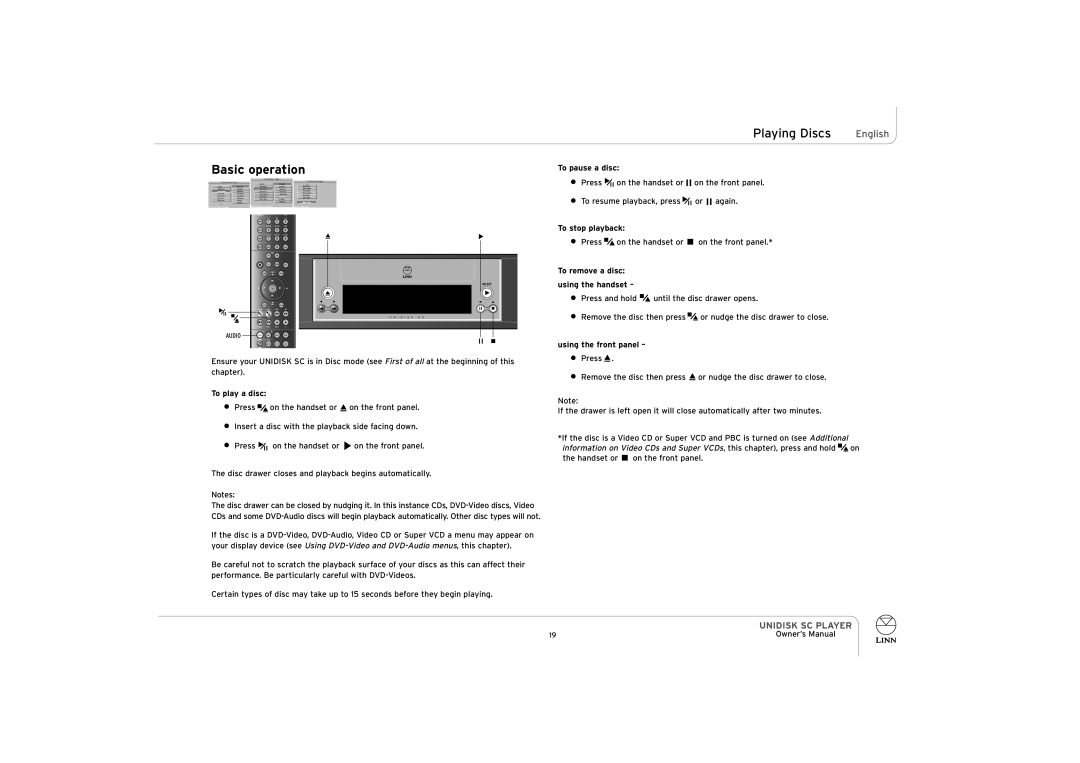 ENG Electric UNIDISK SC PLAYER owner manual Basic operation, To play a disc, To pause a disc, To stop playback 