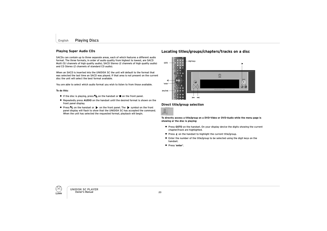 ENG Electric UNIDISK SC PLAYER owner manual Playing Super Audio CDs, Direct title/group selection 