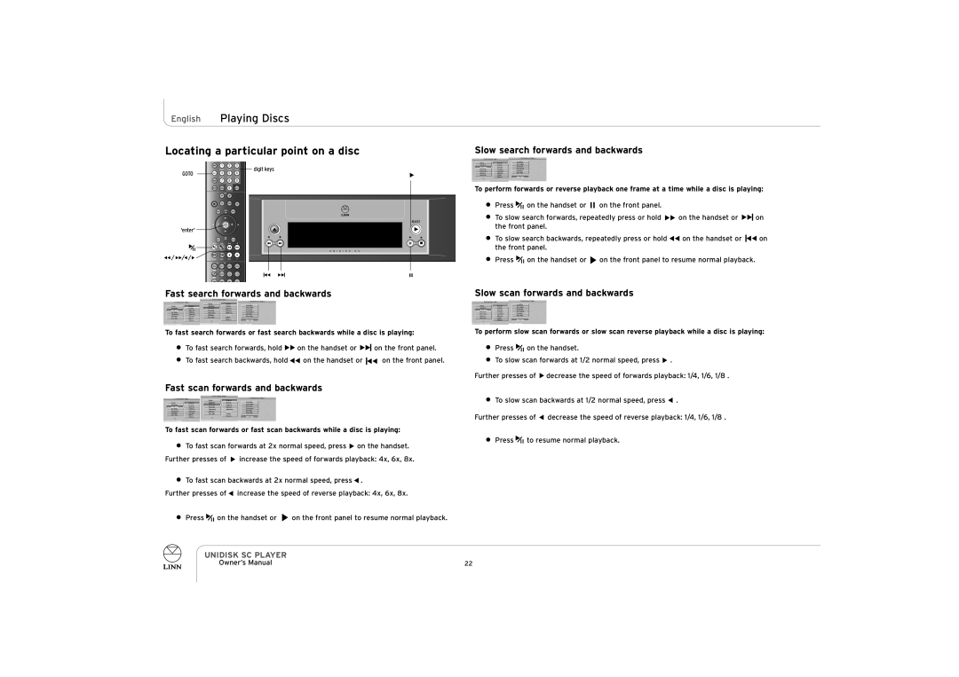 ENG Electric UNIDISK SC PLAYER owner manual Locating a particular point on a disc, Fast search forwards and backwards 