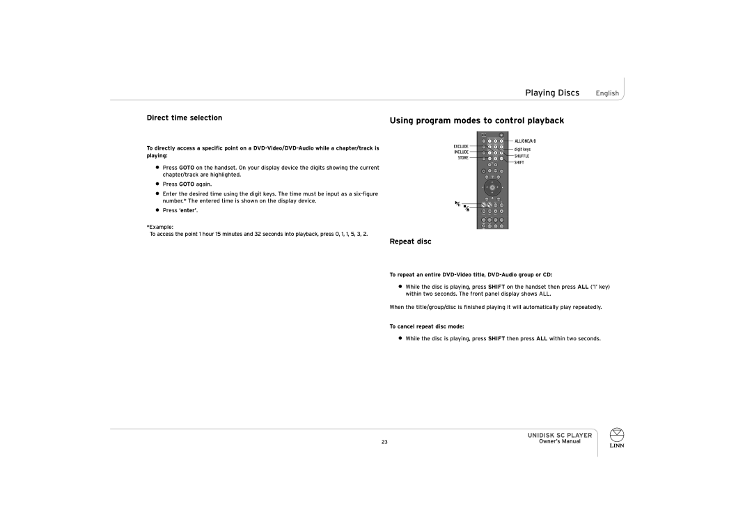 ENG Electric UNIDISK SC PLAYER owner manual Using program modes to control playback, Direct time selection, Repeat disc 