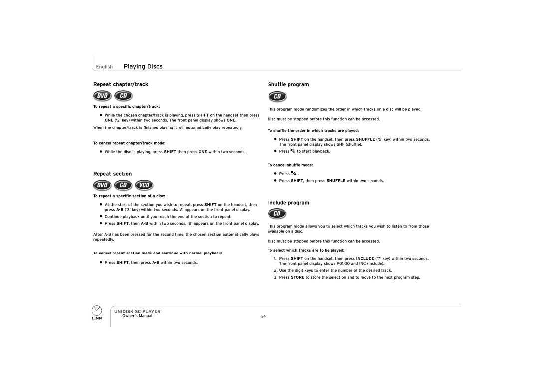 ENG Electric UNIDISK SC PLAYER owner manual Repeat chapter/track, Repeat section, Shuffle program, Include program 