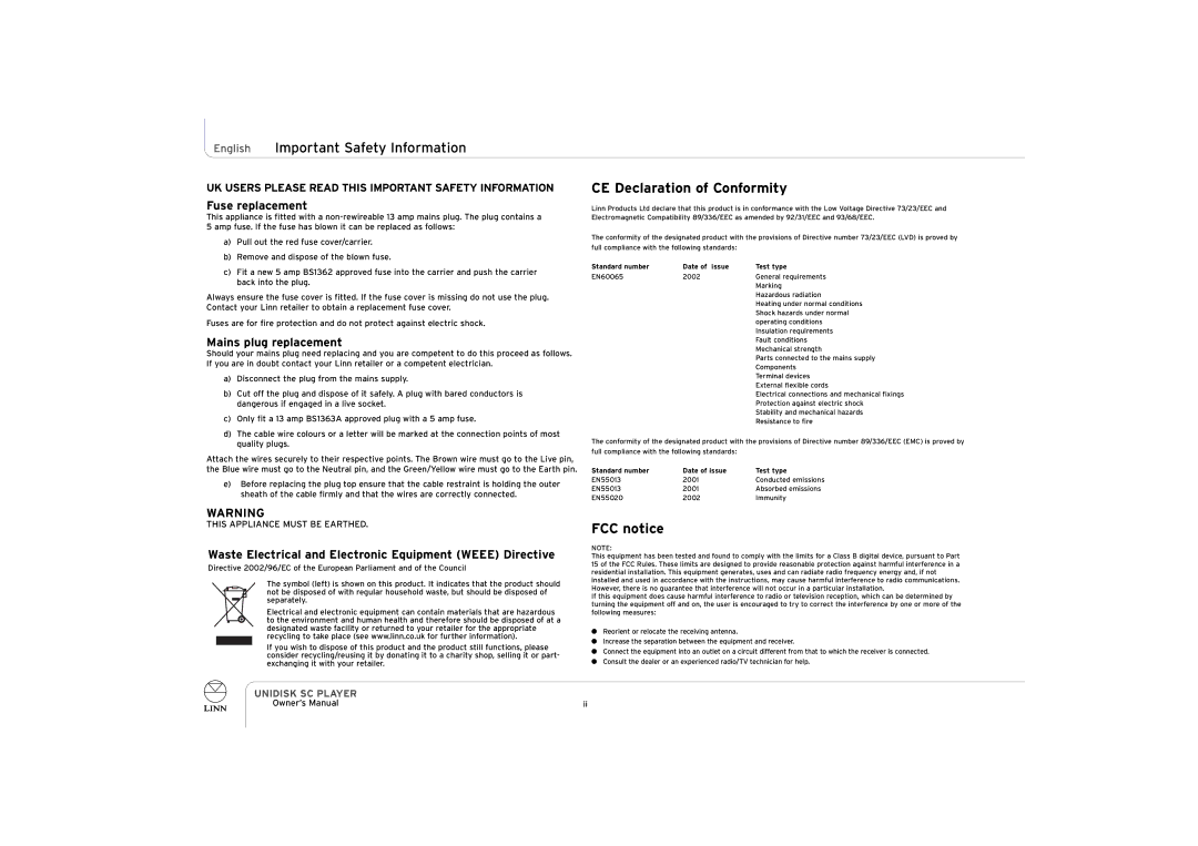 ENG Electric UNIDISK SC PLAYER owner manual English Important Safety Information, CE Declaration of Conformity, FCC notice 