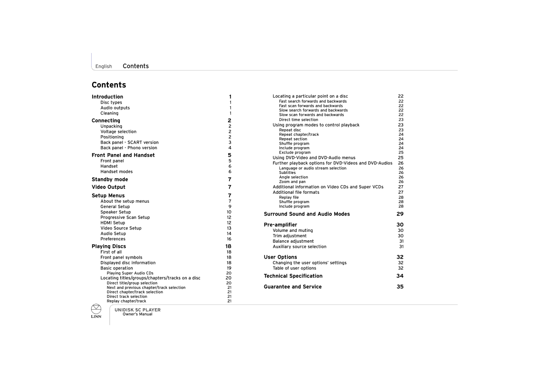 ENG Electric UNIDISK SC PLAYER owner manual Contents 