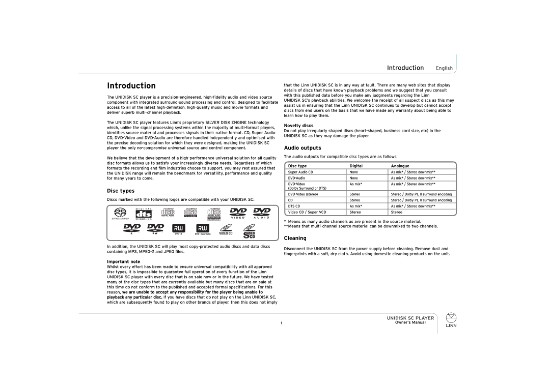 ENG Electric UNIDISK SC PLAYER owner manual Introduction English, Disc types, Audio outputs, Cleaning 