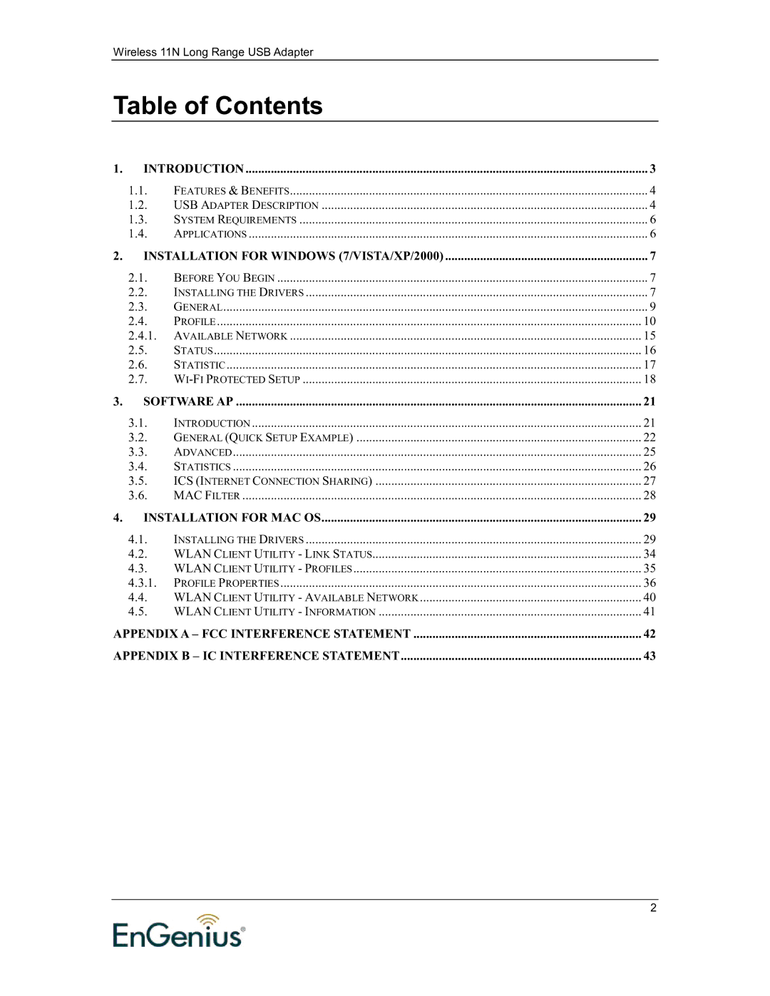 EnGenius Technologies 11N user manual Table of Contents 