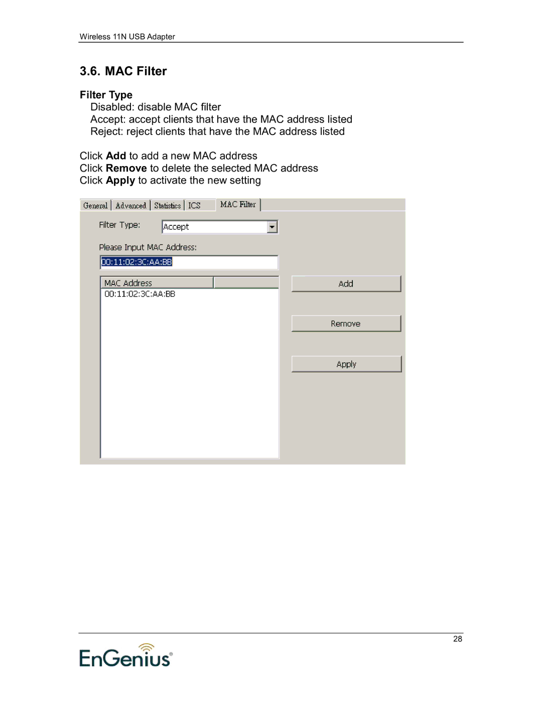 EnGenius Technologies 11N user manual MAC Filter, Filter Type 