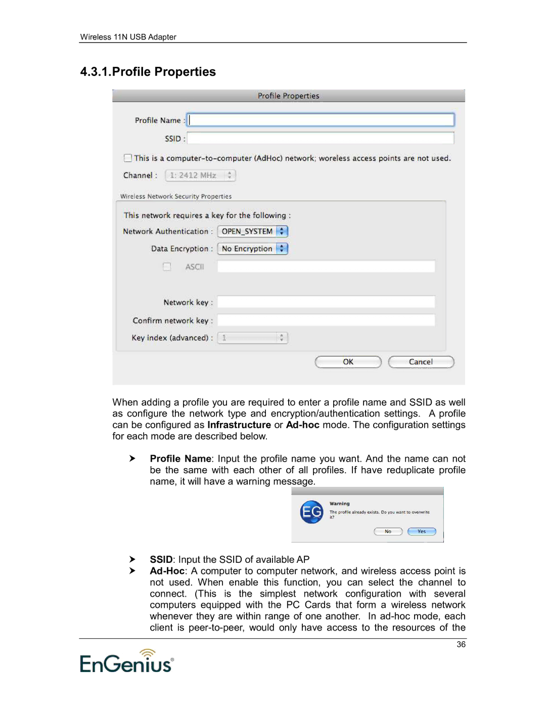 EnGenius Technologies 11N user manual Profile Properties 