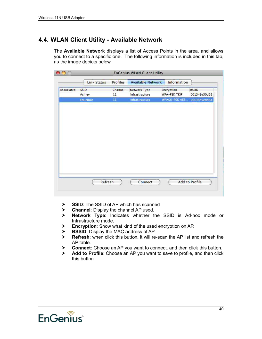 EnGenius Technologies 11N user manual Wlan Client Utility Available Network 