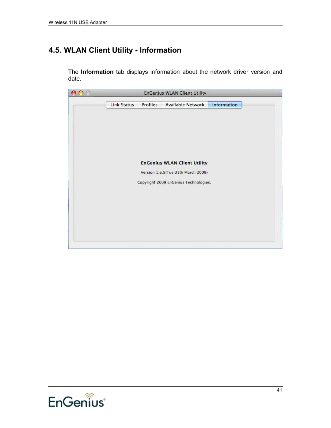 EnGenius Technologies 11N user manual Wlan Client Utility Information 