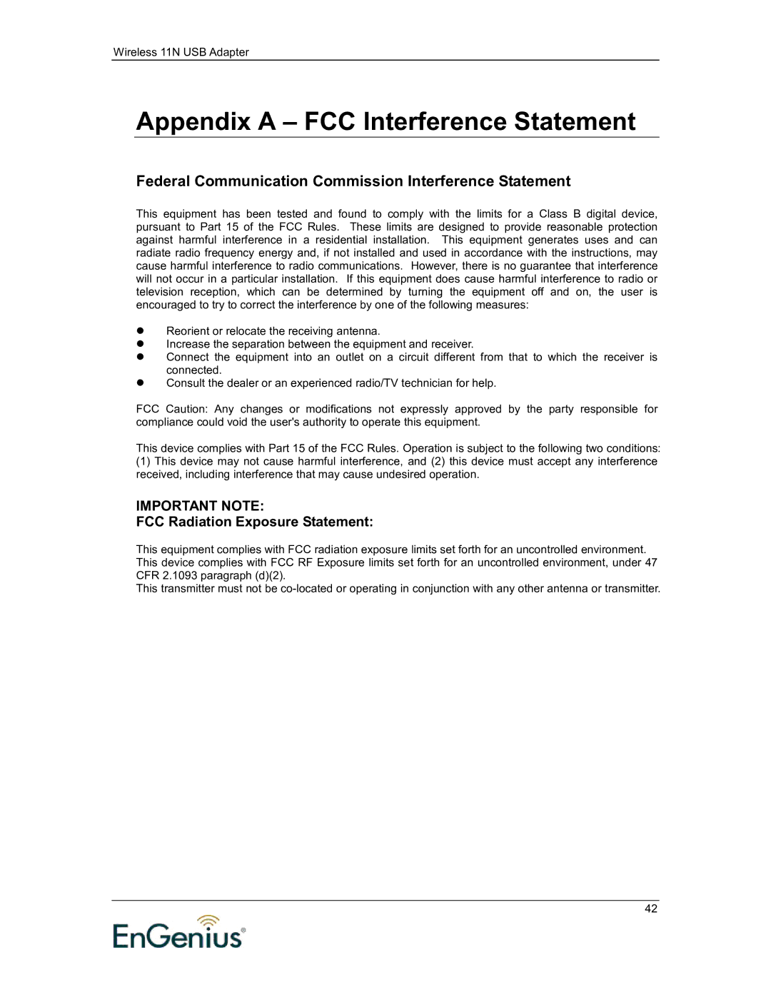 EnGenius Technologies 11N Appendix a FCC Interference Statement, Federal Communication Commission Interference Statement 