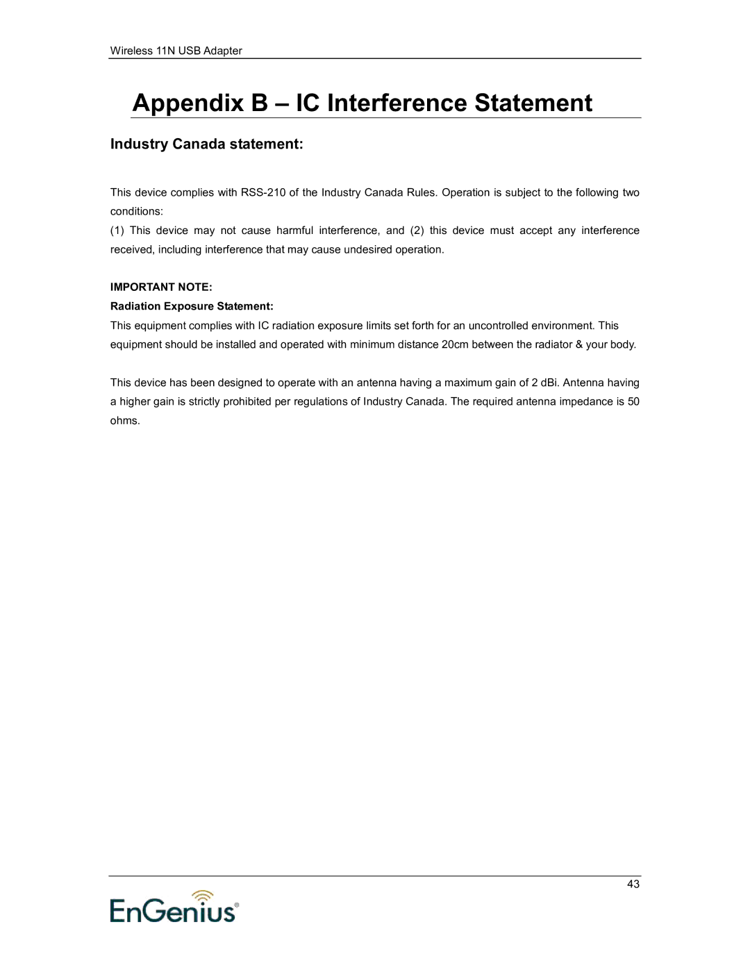 EnGenius Technologies 11N user manual Appendix B IC Interference Statement, Industry Canada statement 