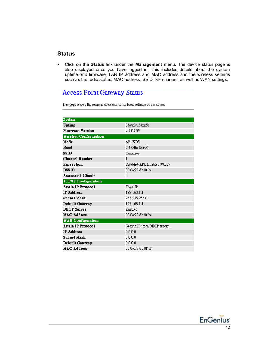 EnGenius Technologies 1.2 user manual Status 