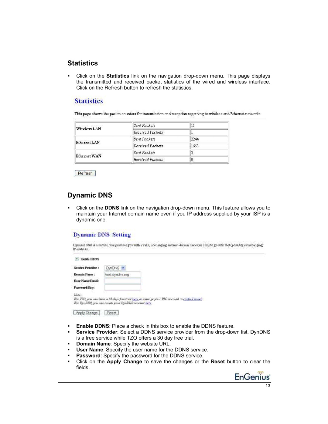 EnGenius Technologies 1.2 user manual Statistics, Dynamic DNS 