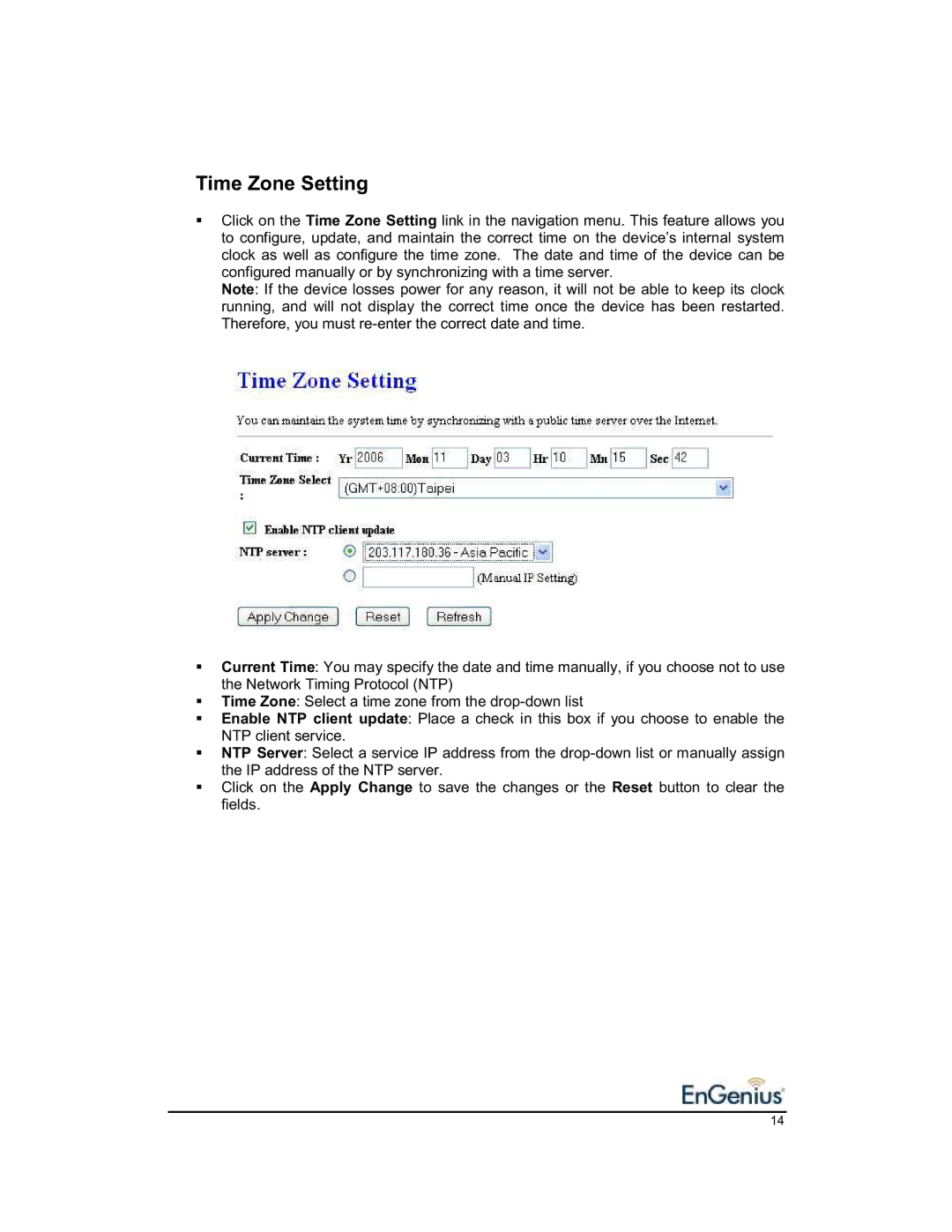 EnGenius Technologies 1.2 user manual Time Zone Setting 