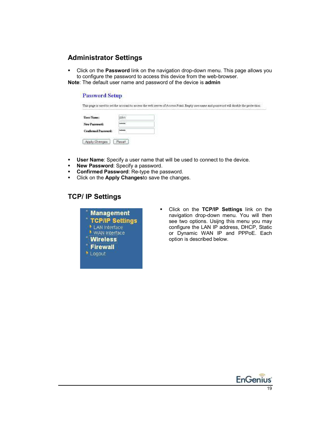 EnGenius Technologies 1.2 user manual Administrator Settings, TCP/ IP Settings 