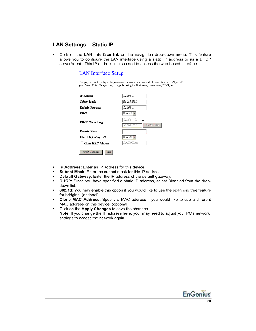 EnGenius Technologies 1.2 user manual LAN Settings Static IP 