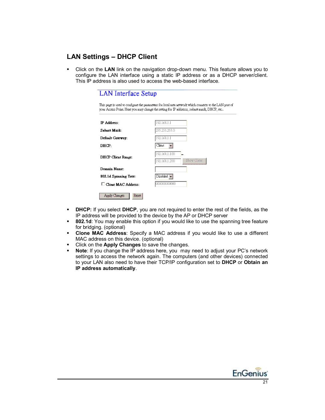 EnGenius Technologies 1.2 user manual LAN Settings Dhcp Client 