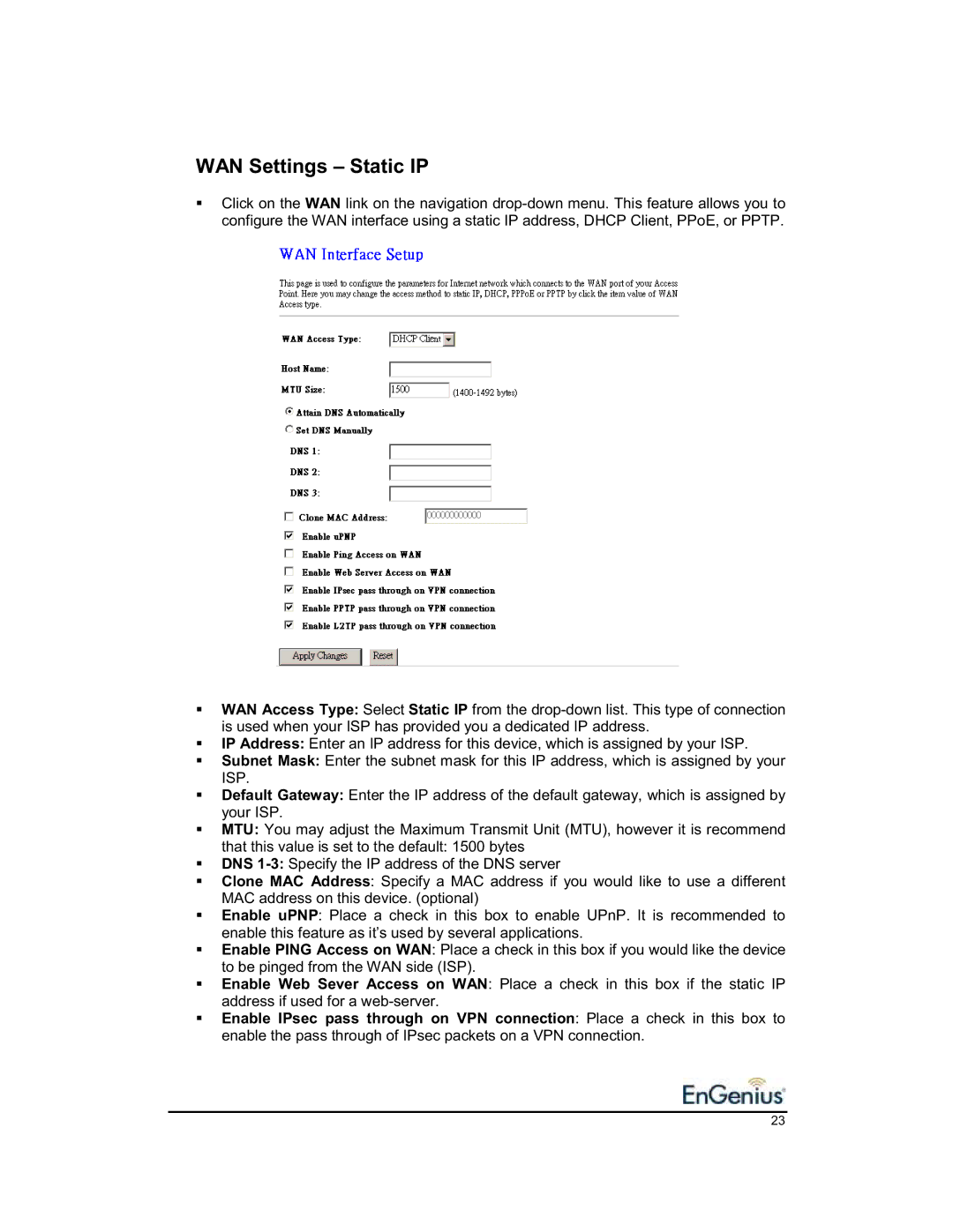 EnGenius Technologies 1.2 user manual WAN Settings Static IP 