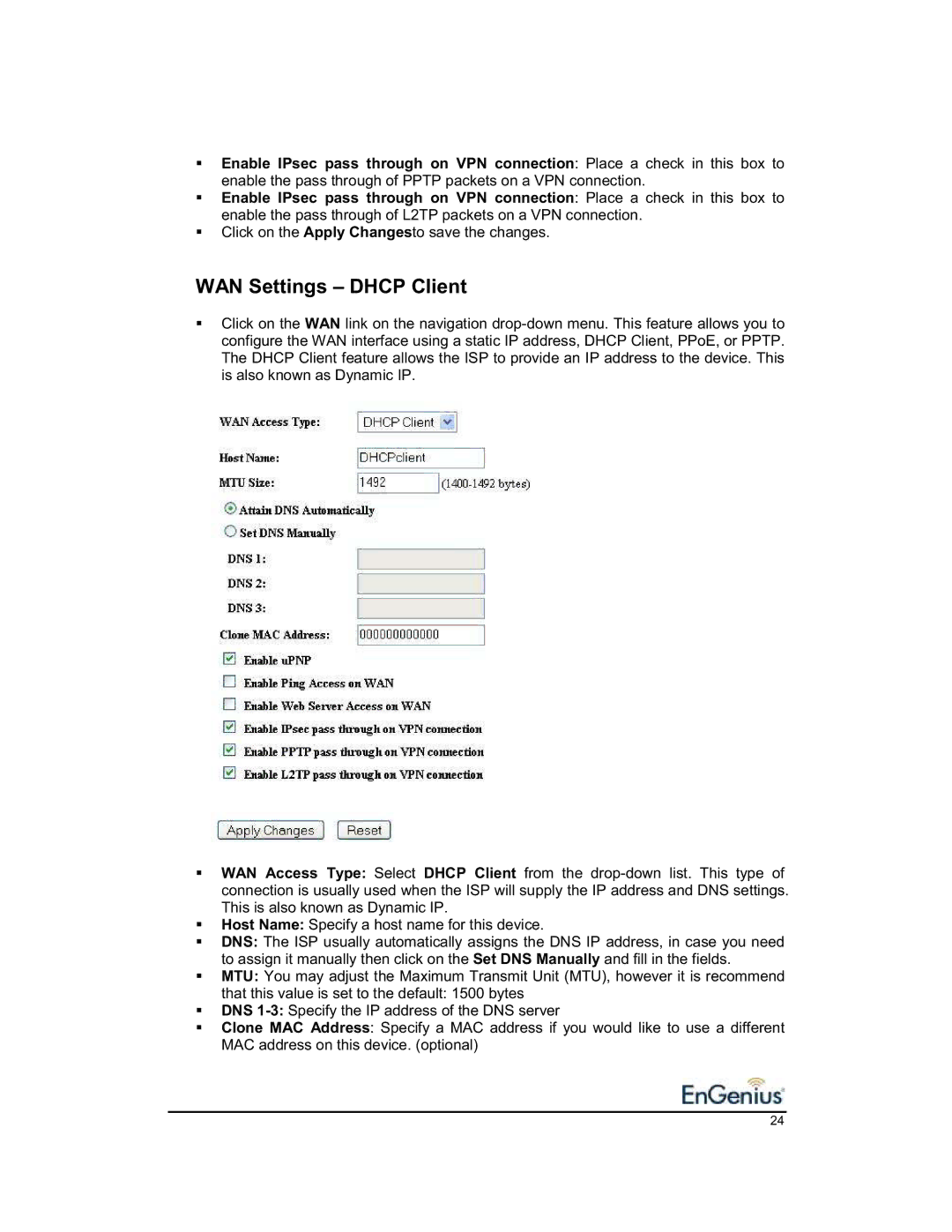 EnGenius Technologies 1.2 user manual WAN Settings Dhcp Client 