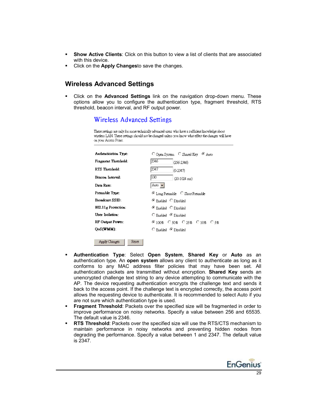 EnGenius Technologies 1.2 user manual Wireless Advanced Settings 