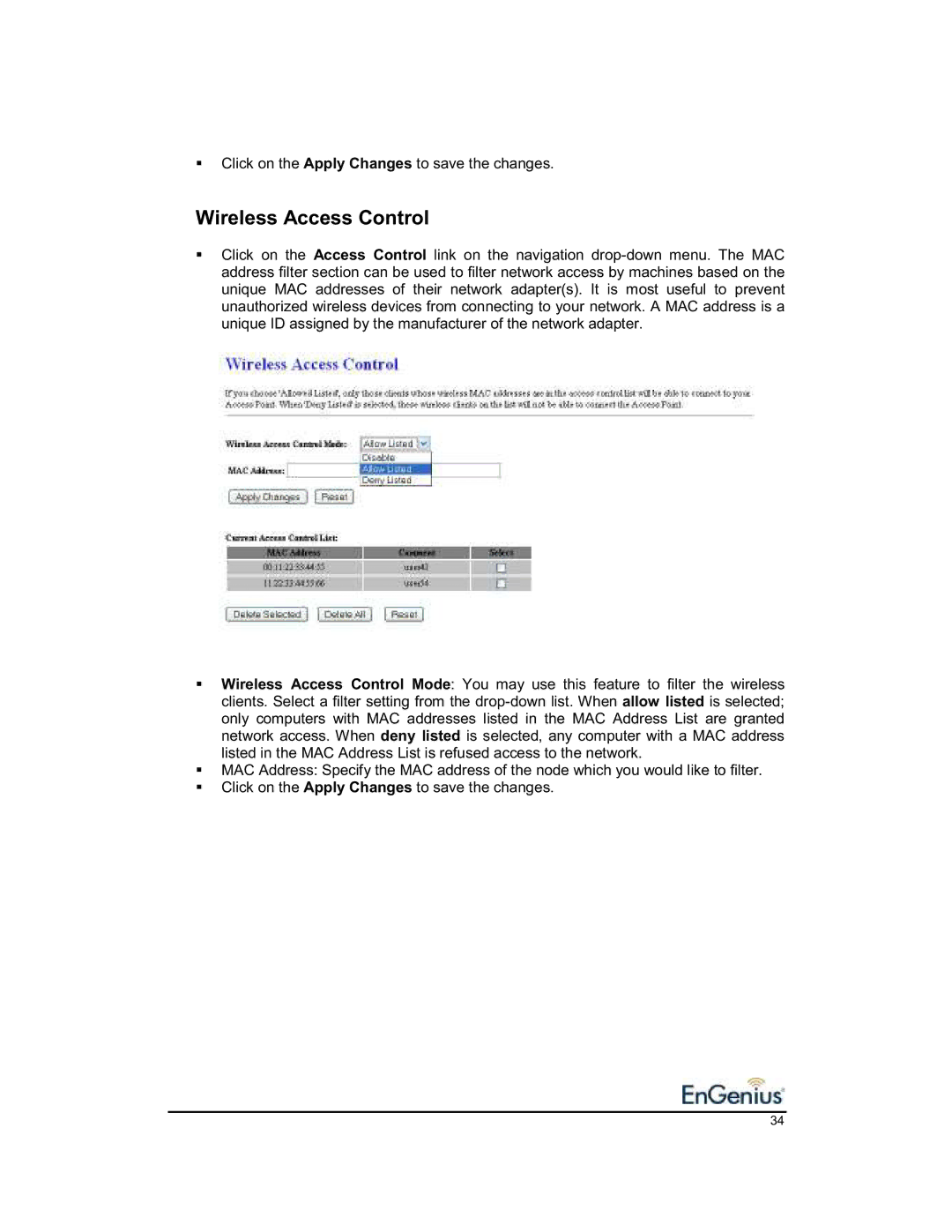 EnGenius Technologies 1.2 user manual Wireless Access Control 