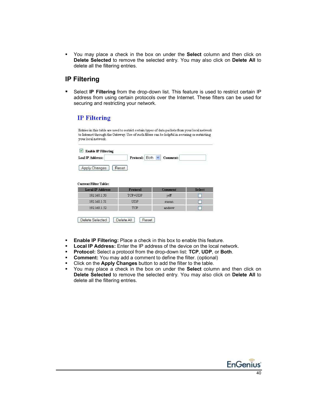 EnGenius Technologies 1.2 user manual IP Filtering 