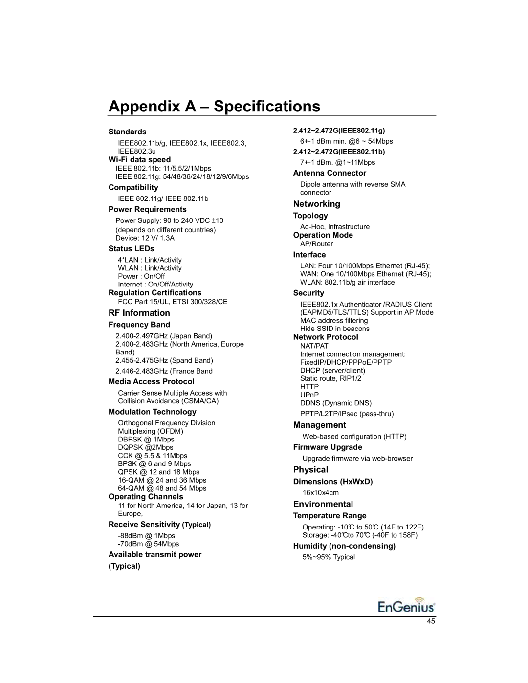 EnGenius Technologies 1.2 user manual Appendix a Specifications 