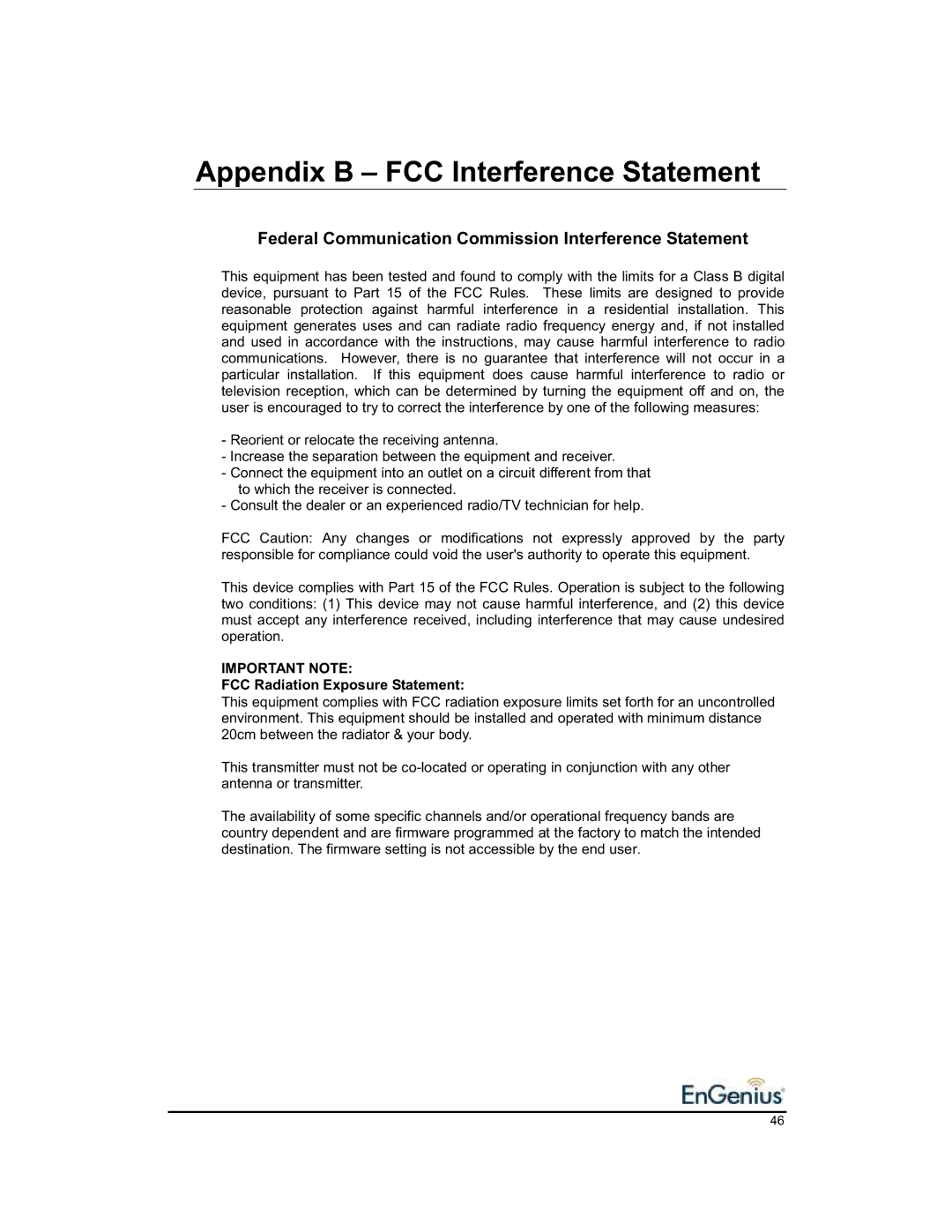 EnGenius Technologies 1.2 user manual Appendix B FCC Interference Statement 