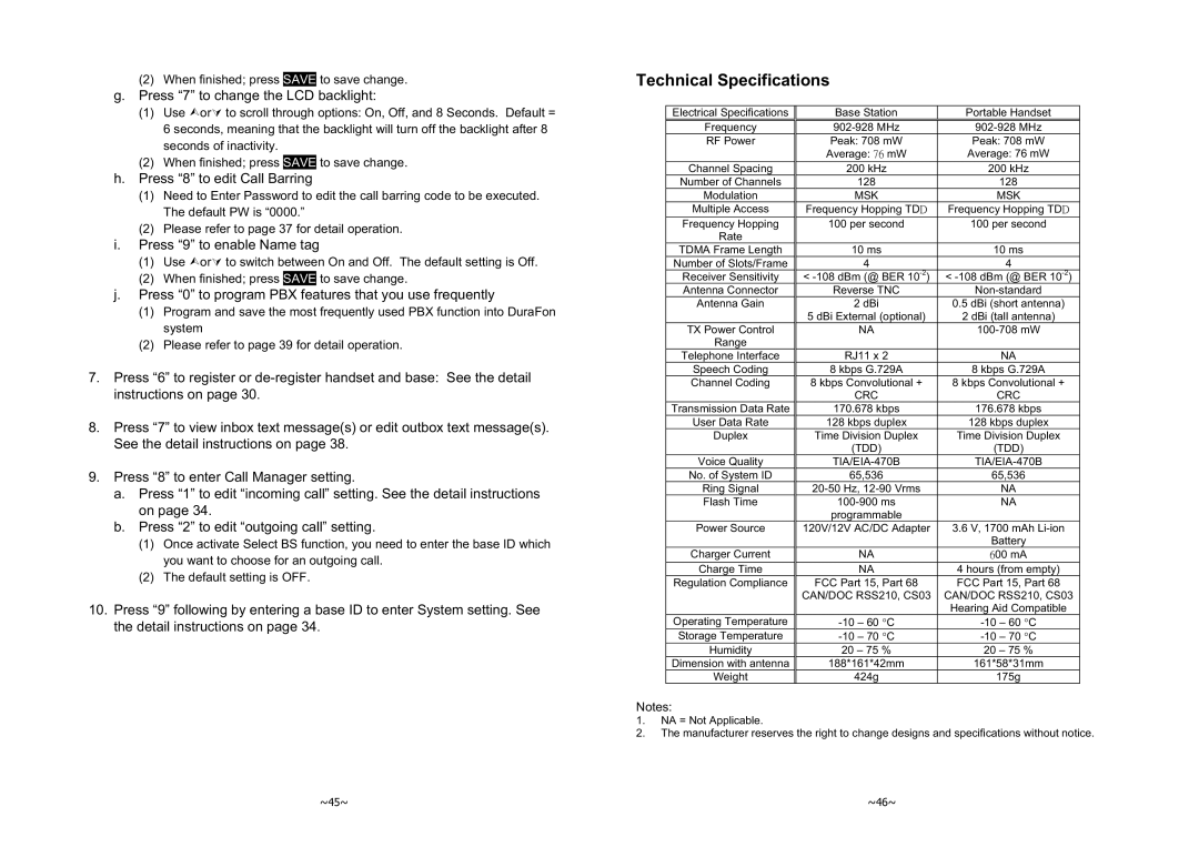 EnGenius Technologies 1X Technical Specifications, Press 7 to change the LCD backlight, Press 8 to edit Call Barring 