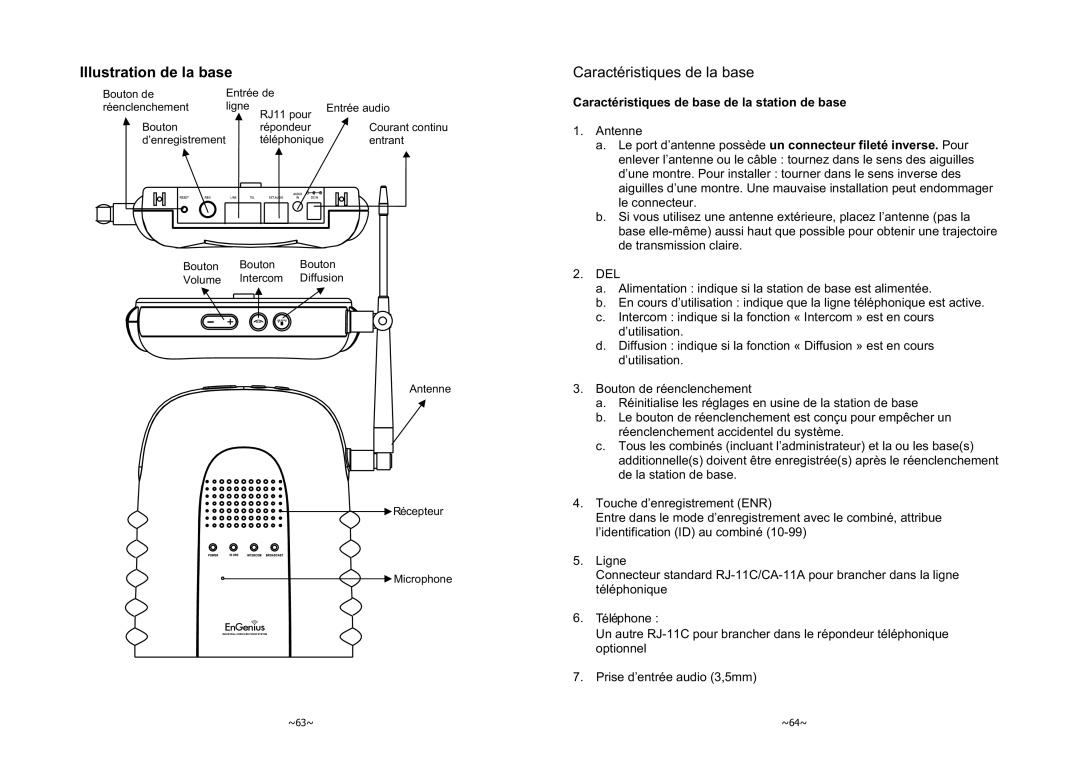 EnGenius Technologies 1X instruction manual Illustration de la base, DUDFWpULVWLTXHVGHEDVHGHODVWDWLRQGHEDVH 