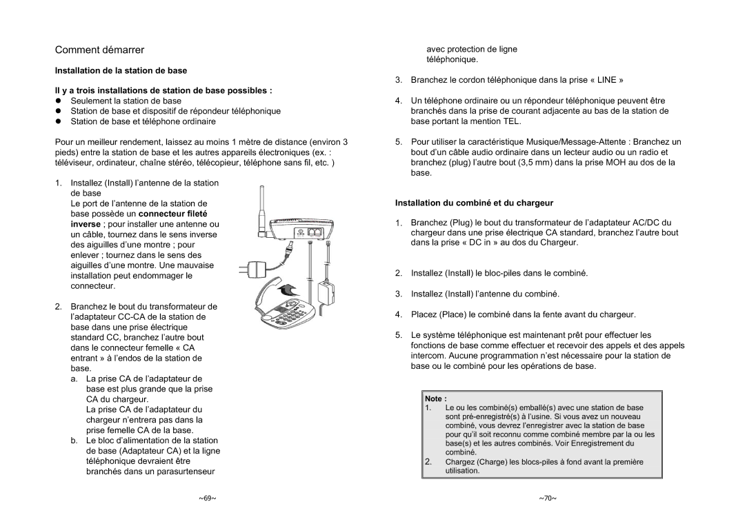 EnGenius Technologies 1X instruction manual Comment démarrer, Installation du combiné et du chargeur 