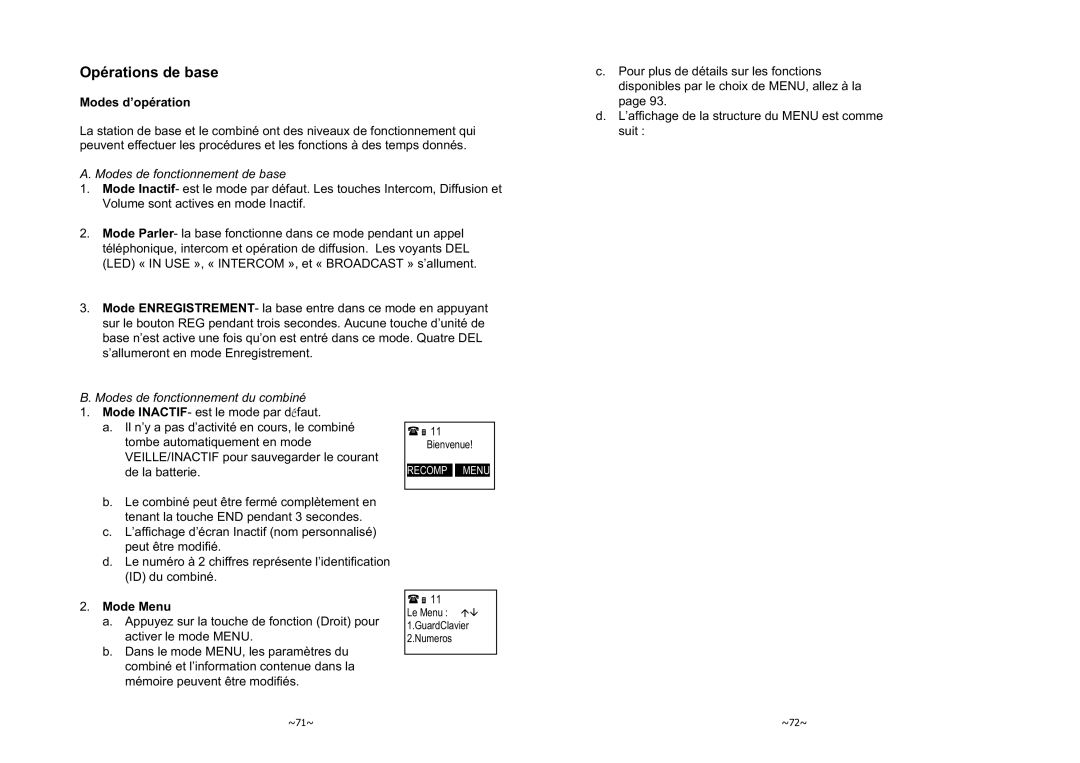 EnGenius Technologies 1X Opérations de base, Modes d’opération, Modes de fonctionnement de base, Mode Menu 