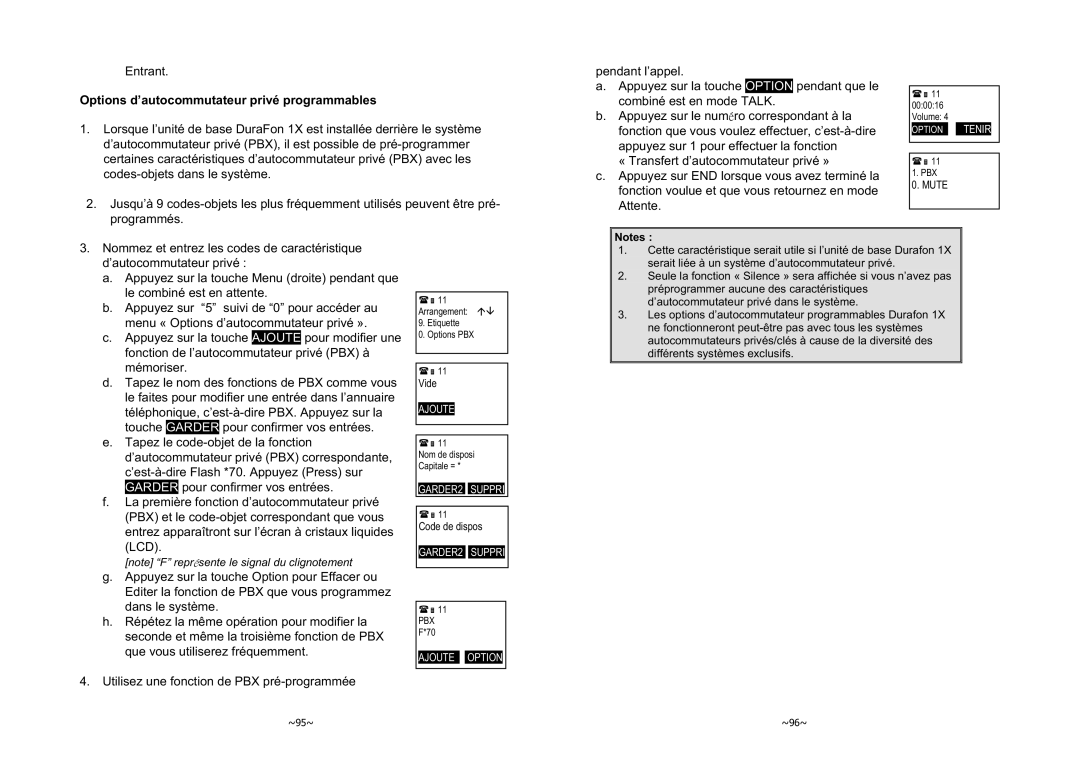 EnGenius Technologies 1X instruction manual Entrant, Options d’autocommutateur privé programmables, Vide, Code de dispos 