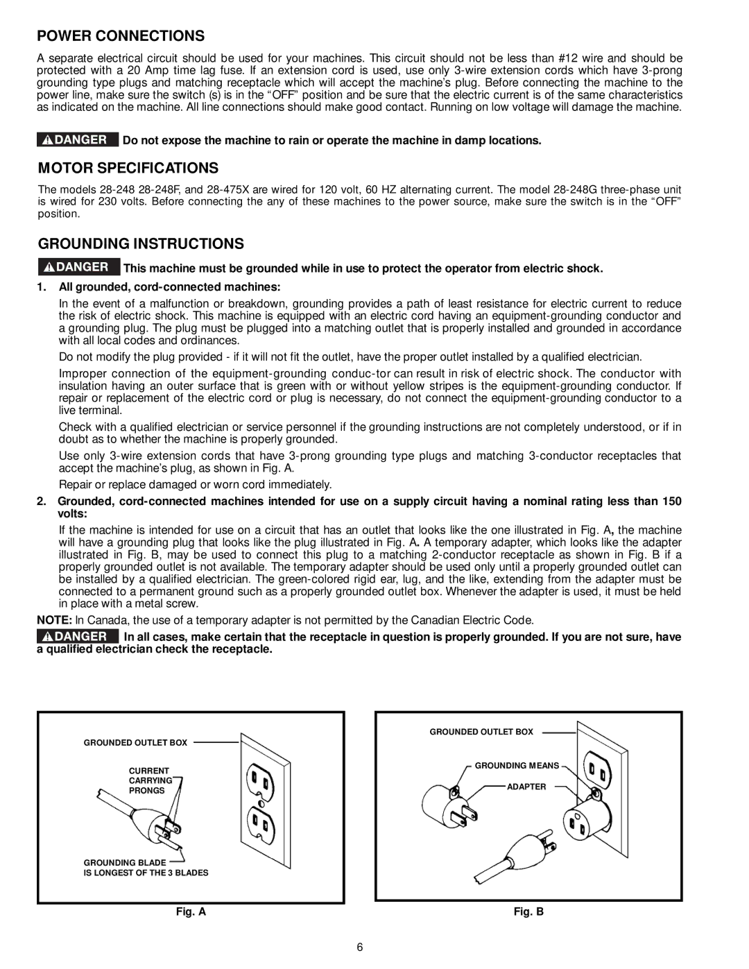 EnGenius Technologies 28-248 instruction manual Power Connections, Motor Specifications, Grounding Instructions 