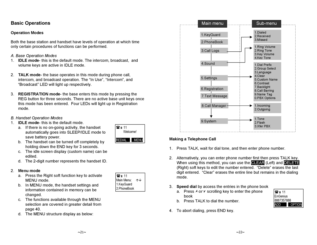 EnGenius Technologies DURAFON-1X manual Basic Operations, Operation Modes, Making a Telephone Call, Menu mode 