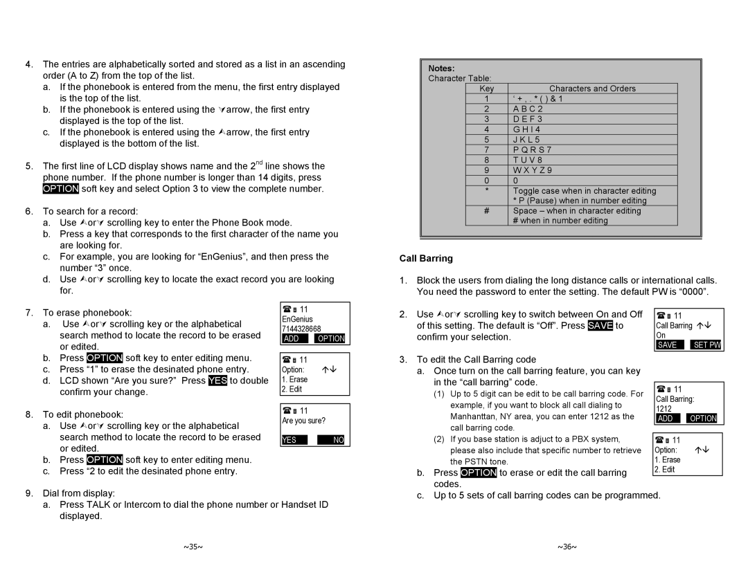 EnGenius Technologies DURAFON-1X manual Call Barring, Confirm your selection, To erase or edit the call barring 