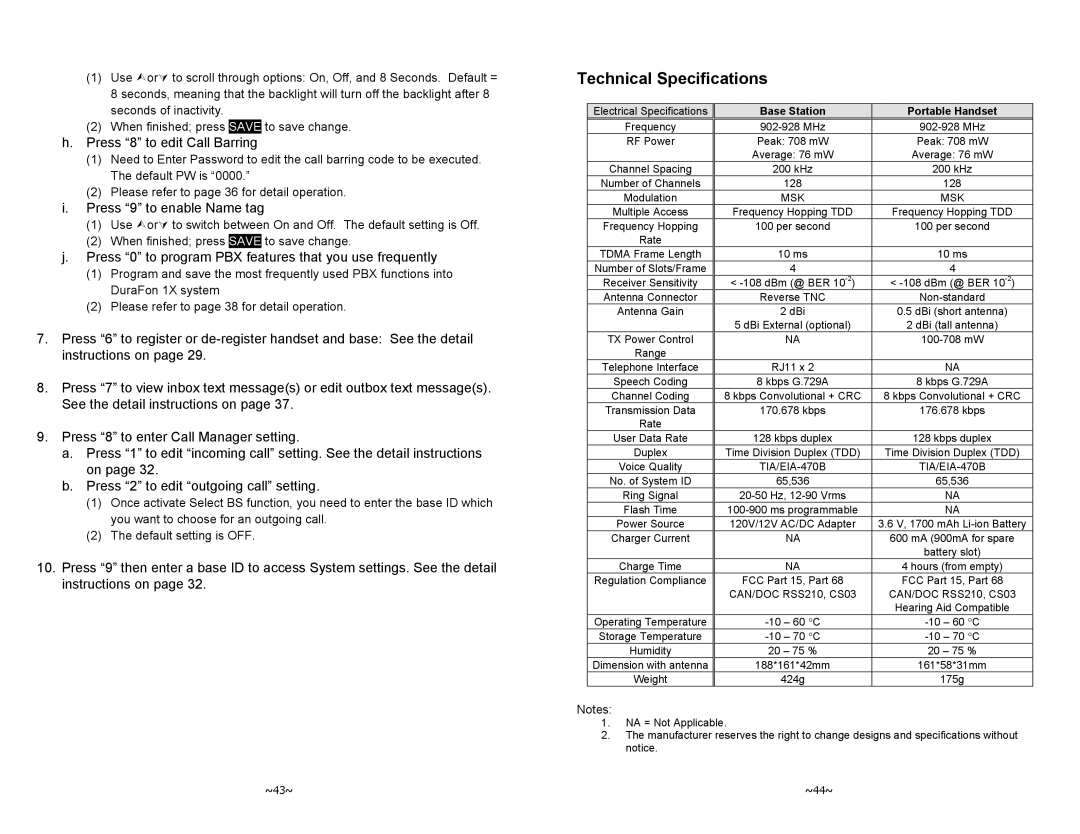 EnGenius Technologies DURAFON-1X manual Technical Specifications, Press 8 to edit Call Barring, Press 9 to enable Name tag 