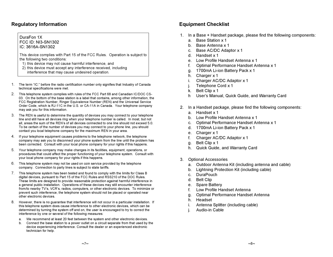 EnGenius Technologies DURAFON-1X Regulatory Information, Equipment Checklist, DuraFon FCC ID NI3-SN1302 IC 3616A-SN1302 