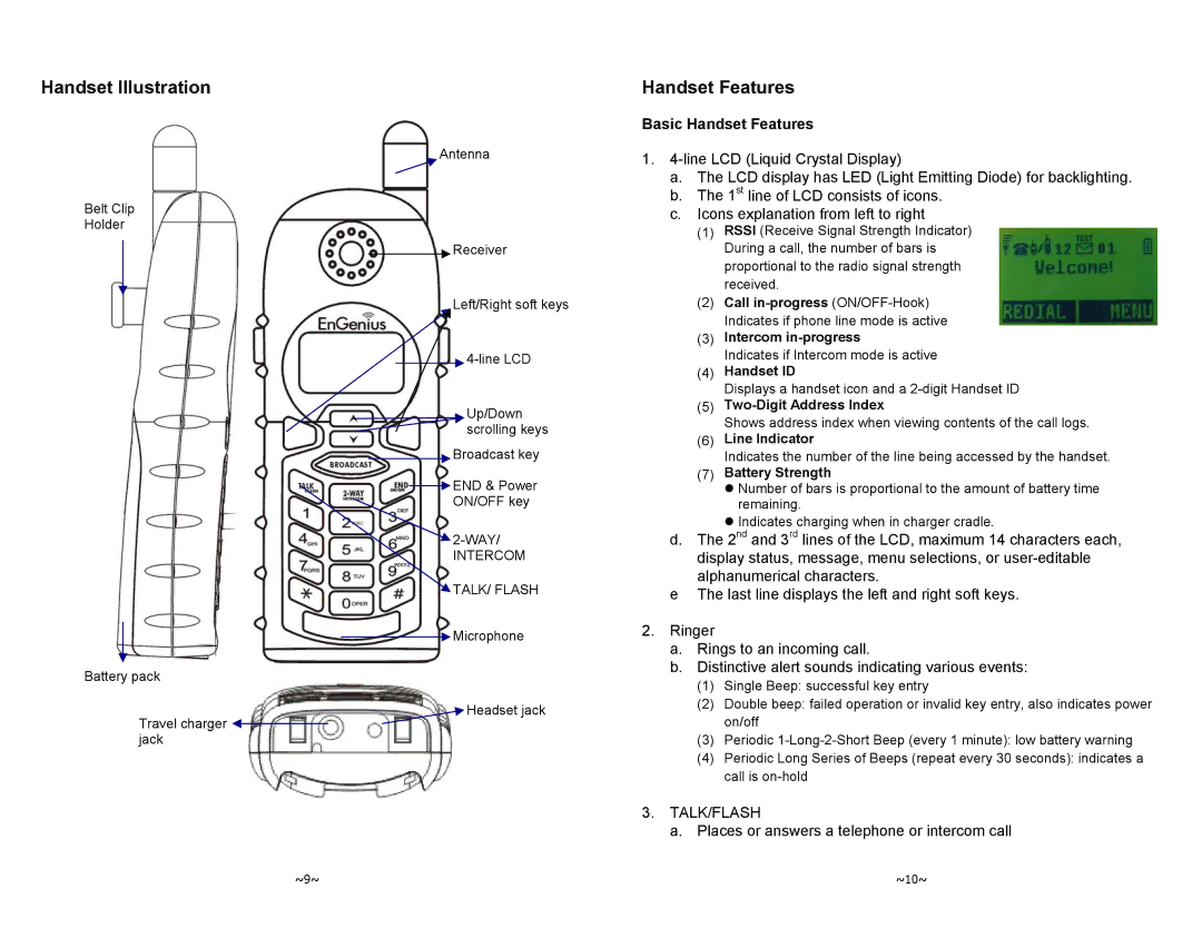 EnGenius Technologies DURAFON-1X manual Handset Illustration, Basic Handset Features 