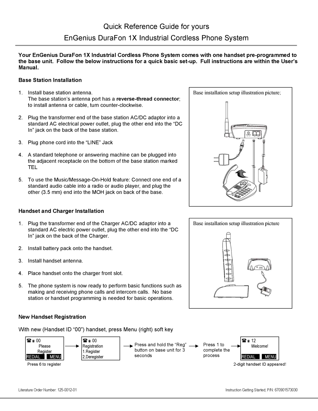 EnGenius Technologies DURAFON1XHC user manual Handset and Charger Installation, New Handset Registration, Tel 