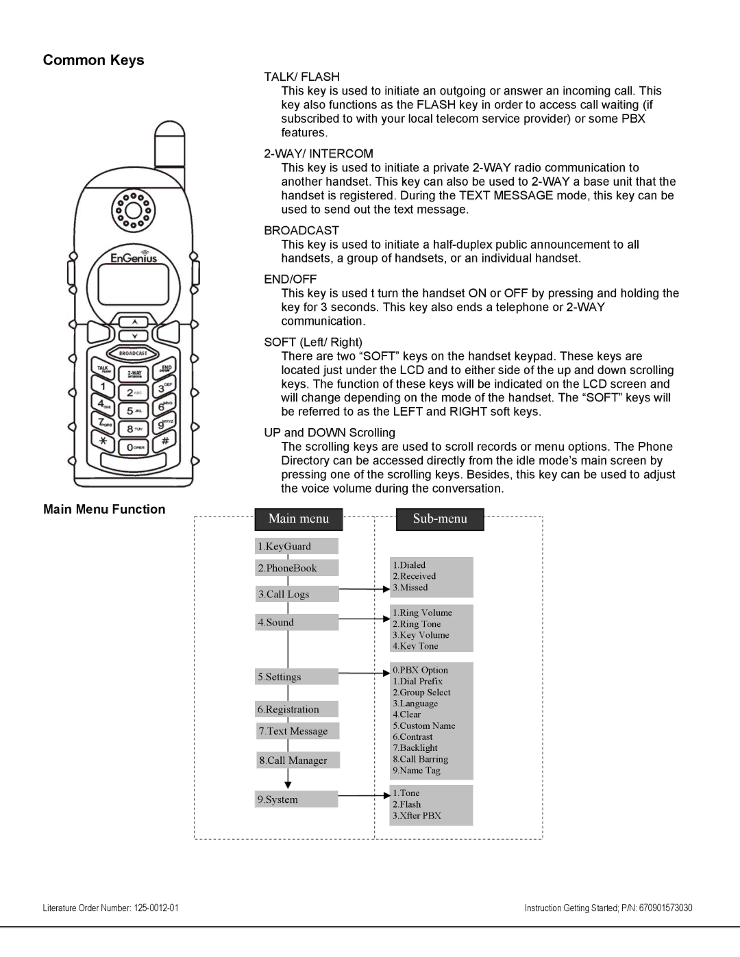 EnGenius Technologies DURAFON1XHC user manual Main Menu Function, TALK/ Flash, WAY/ Intercom, Broadcast, End/Off 