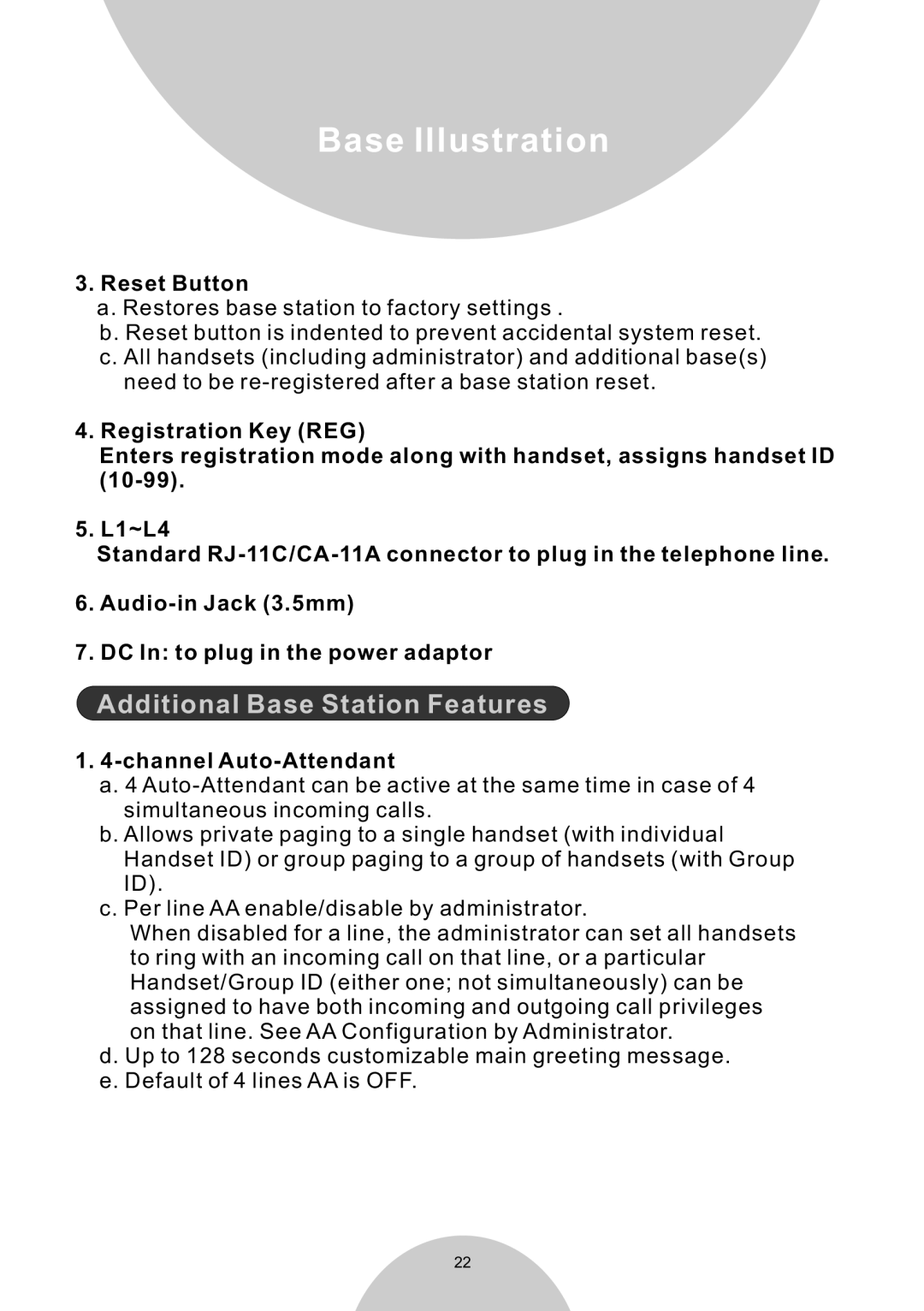 EnGenius Technologies DURAWALKIE user manual Additional Base Station Features, Reset Button, Channel Auto-Attendant 