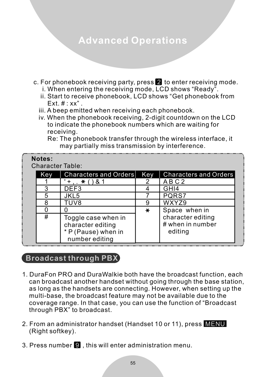 EnGenius Technologies DURAWALKIE user manual Broadcast through PBX, DEF3 GHI4 JKL5 PQRS7 TUV8 WXYZ9 