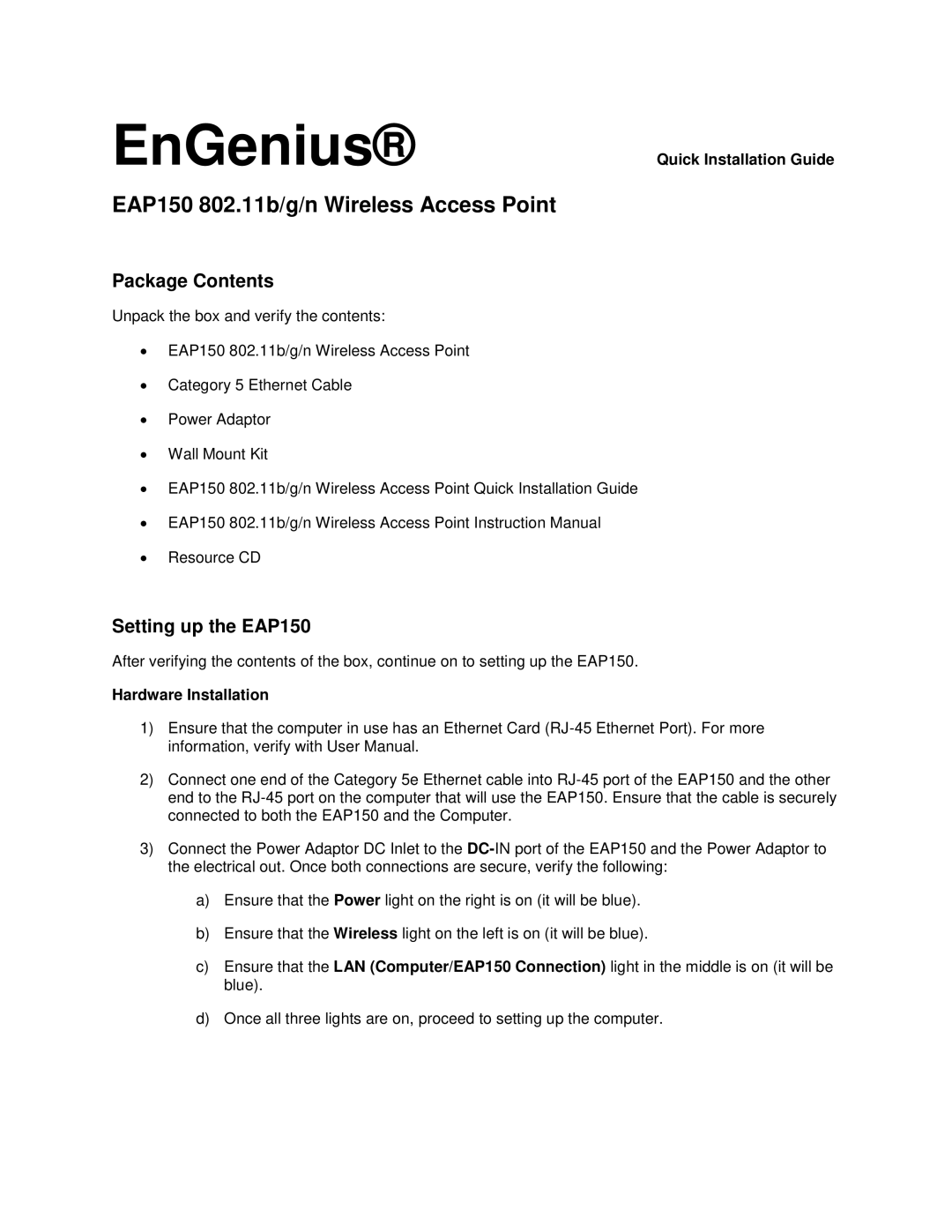 EnGenius Technologies instruction manual EnGenius, EAP150 802.11b/g/n Wireless Access Point, Package Contents 