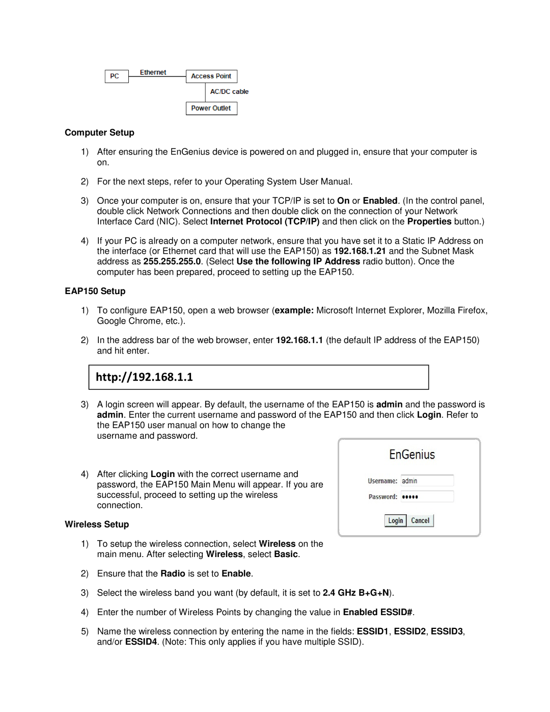 EnGenius Technologies instruction manual Http//192.168.1.1, Computer Setup, EAP150 Setup, Wireless Setup 