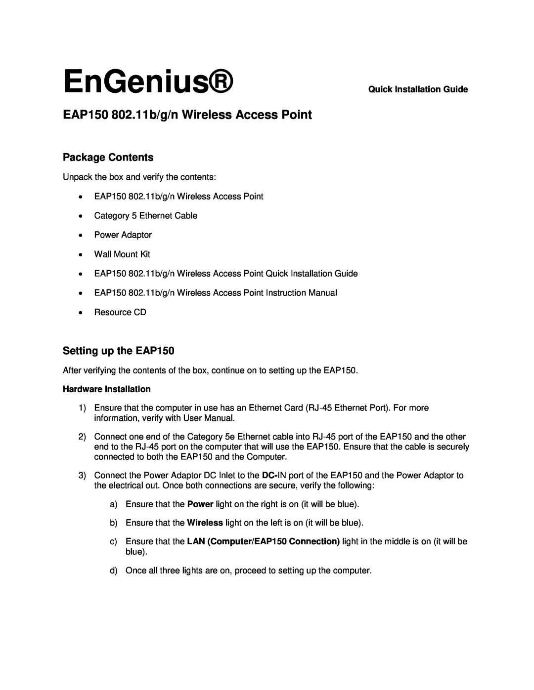 EnGenius Technologies EAP150 instruction manual Quick Installation Guide, Hardware Installation, EnGenius 