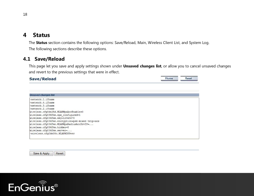 EnGenius Technologies EAP350 manual Status, Save/Reload 