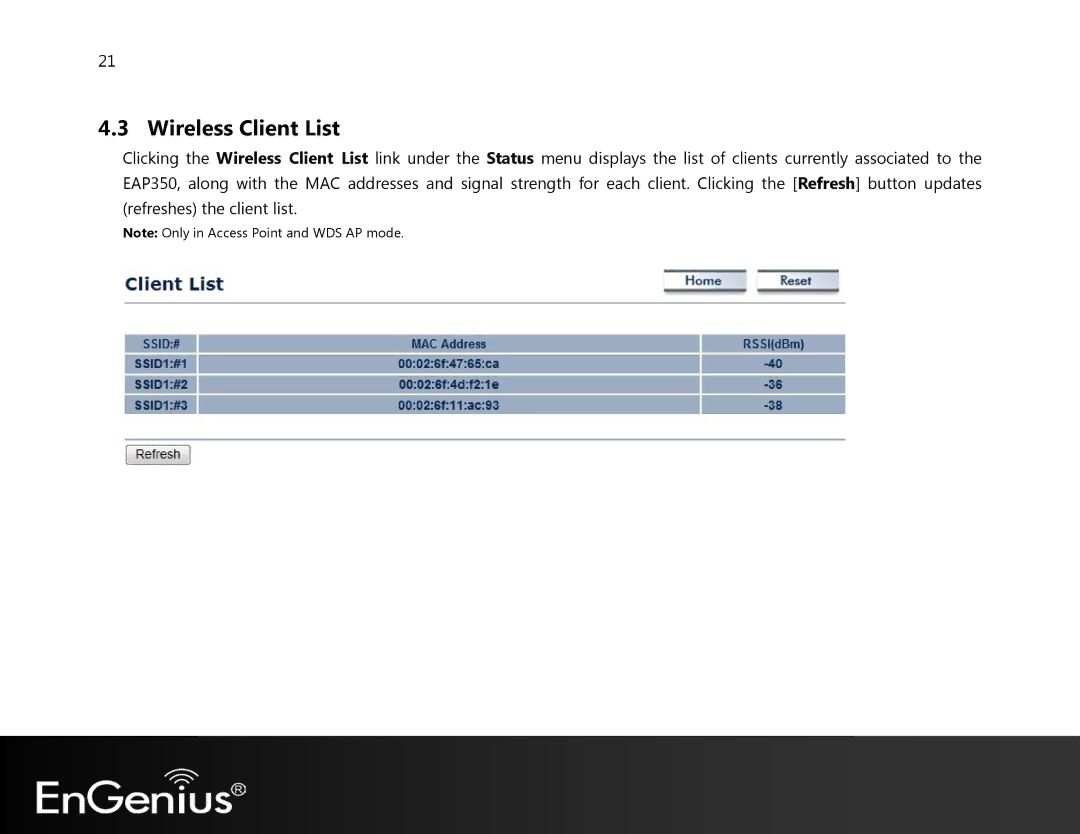 EnGenius Technologies EAP350 manual Wireless Client List 